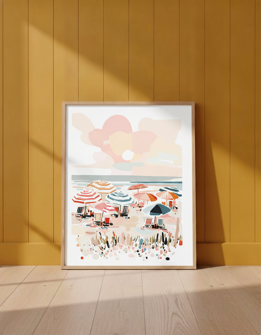 Colorful Beach Umbrella Scene Art art print shown in a yellow wall setting