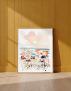 Colorful Beach Umbrella Scene Art art print shown in a yellow wall setting