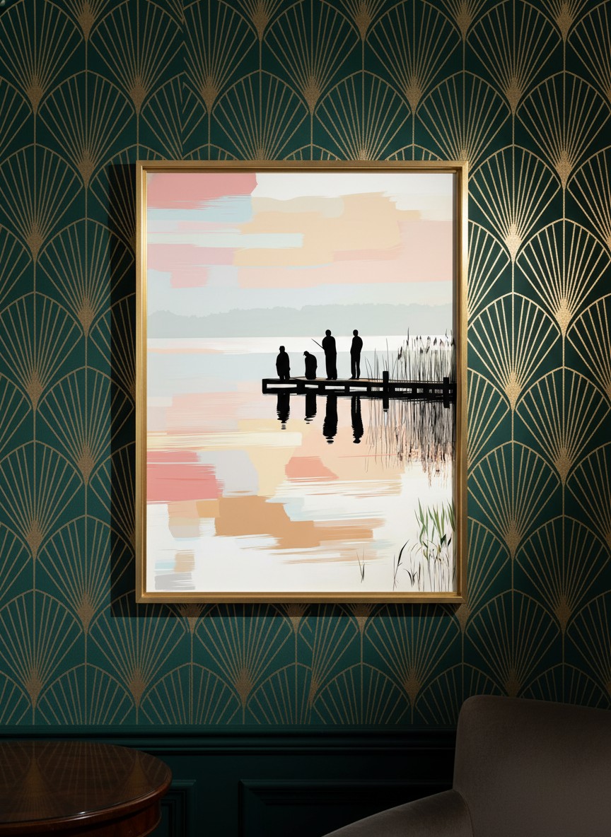Fishing Dock Silhouette Lake Art art print shown in a art deco geometric setting