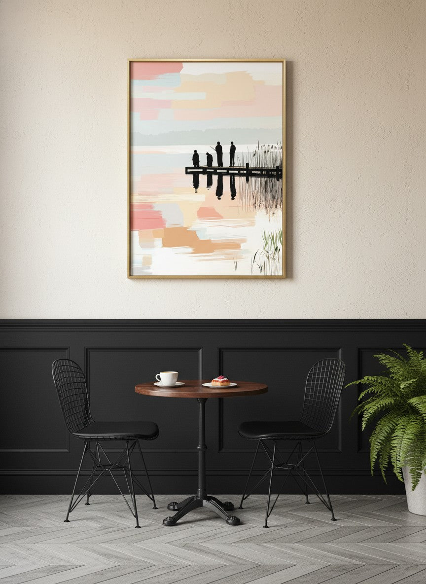 Fishing Dock Silhouette Lake Art art print shown in a black wainscoting gold setting