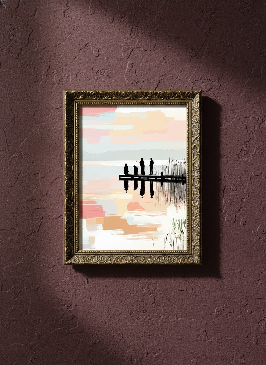 Fishing Dock Silhouette Lake Art art print shown in a burgundy brass setting