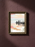 Fishing Dock Silhouette Lake Art art print shown in a burgundy brass setting