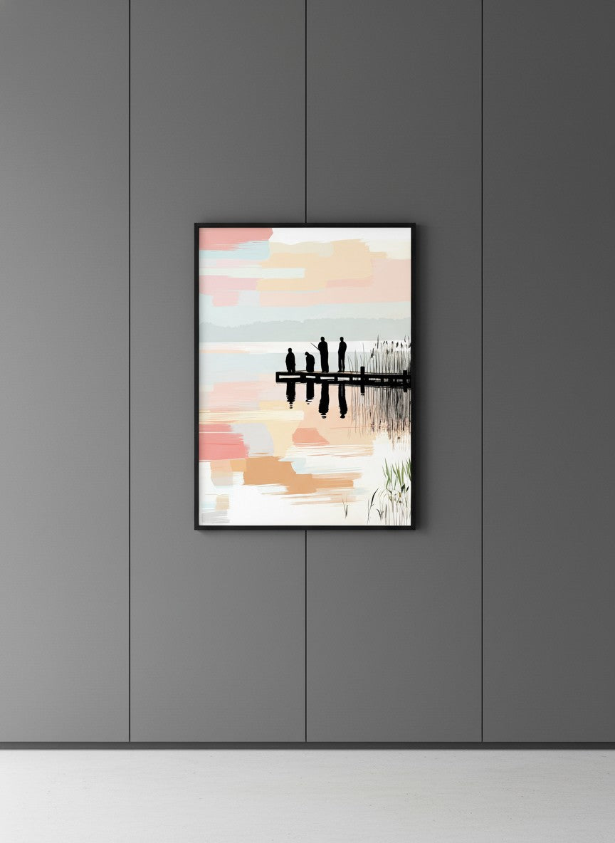 Fishing Dock Silhouette Lake Art art print shown in a charcoal minimal black setting