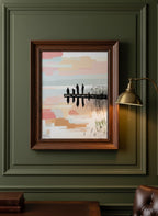 Fishing Dock Silhouette Lake Art art print shown in a dark olive study setting