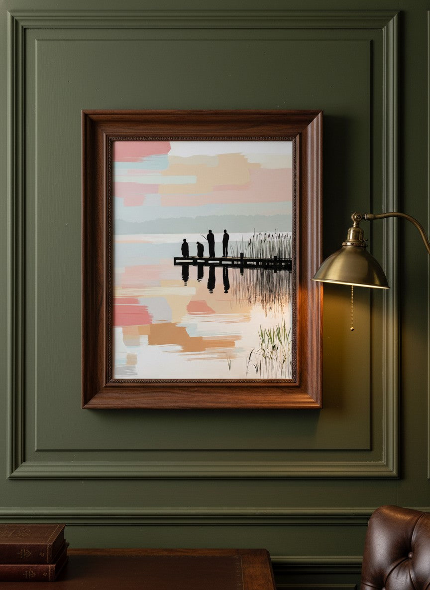 Fishing Dock Silhouette Lake Art art print shown in a dark olive study setting