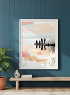 Fishing Dock Silhouette Lake Art art print shown in a deep teal modern setting