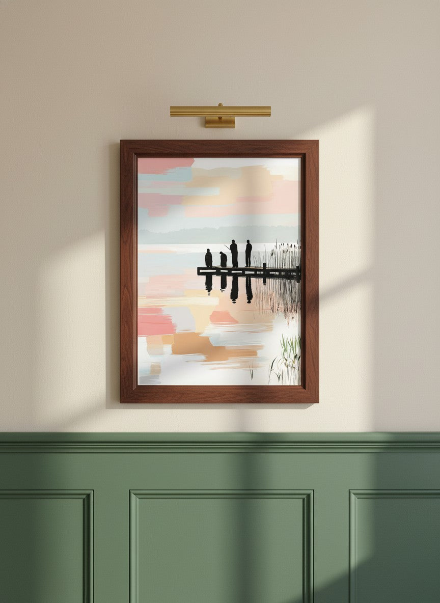 Fishing Dock Silhouette Lake Art art print shown in a forest green walnut setting