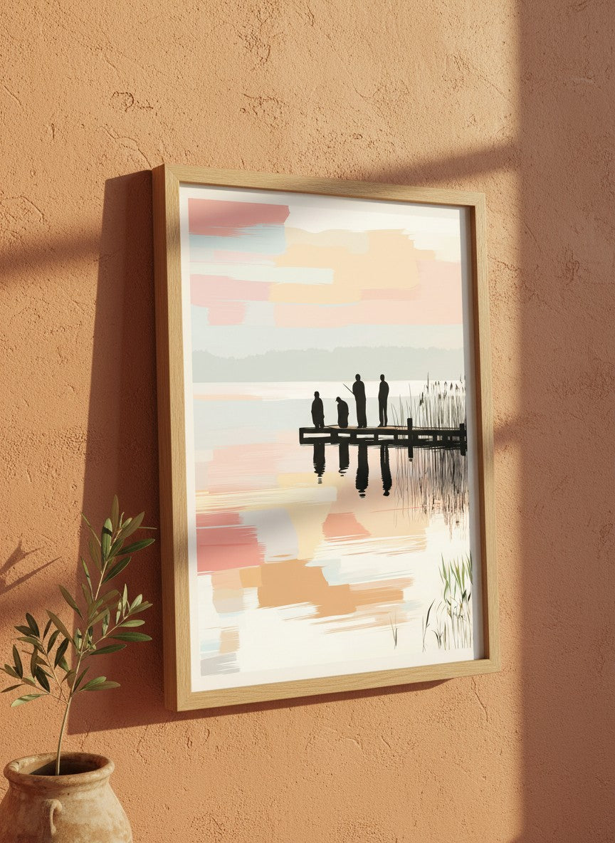 Fishing Dock Silhouette Lake Art art print shown in a terracotta rustic setting