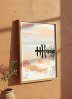 Fishing Dock Silhouette Lake Art art print shown in a terracotta rustic setting