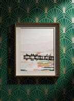 Fishing Pier Sunset Silhouette Art art print shown in a art deco geometric setting