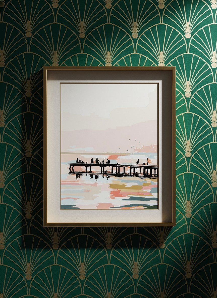 Fishing Pier Sunset Silhouette Art art print shown in a art deco geometric setting