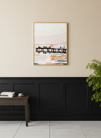 Fishing Pier Sunset Silhouette Art art print shown in a black wainscoting gold setting