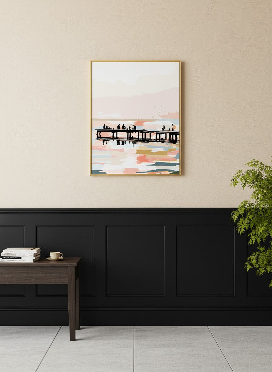 Fishing Pier Sunset Silhouette Art art print shown in a black wainscoting gold setting