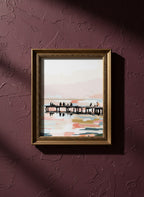 Fishing Pier Sunset Silhouette Art art print shown in a burgundy brass setting