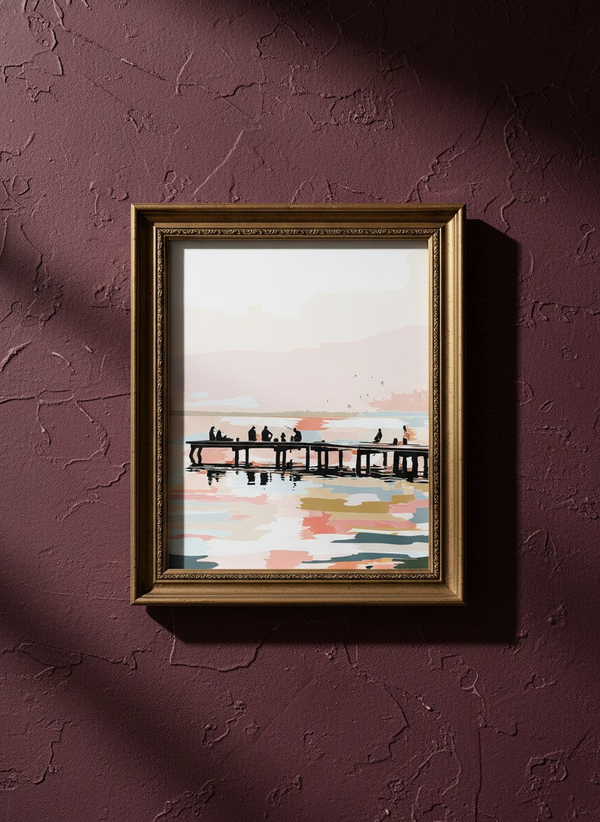 Fishing Pier Sunset Silhouette Art art print shown in a burgundy brass setting