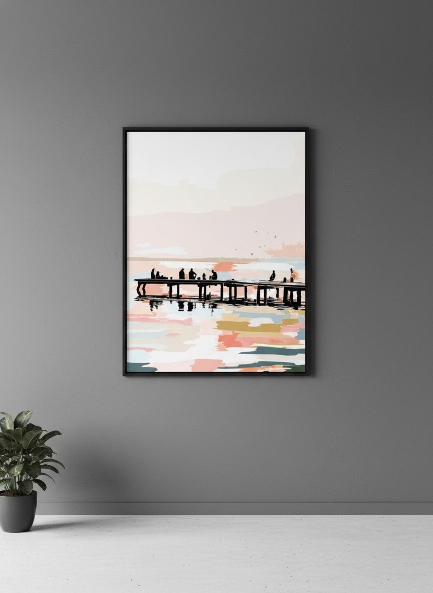 Fishing Pier Sunset Silhouette Art art print shown in a charcoal minimal black setting
