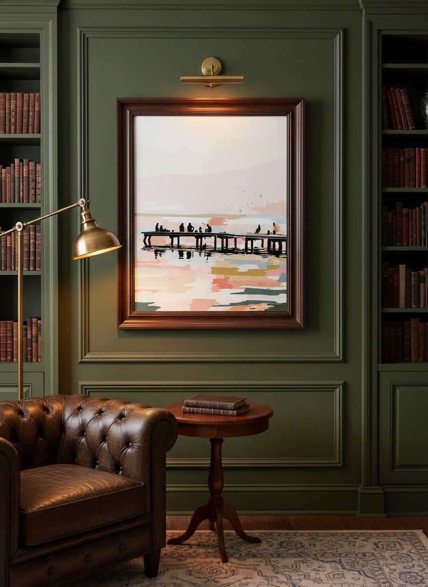 Fishing Pier Sunset Silhouette Art art print shown in a dark olive study setting