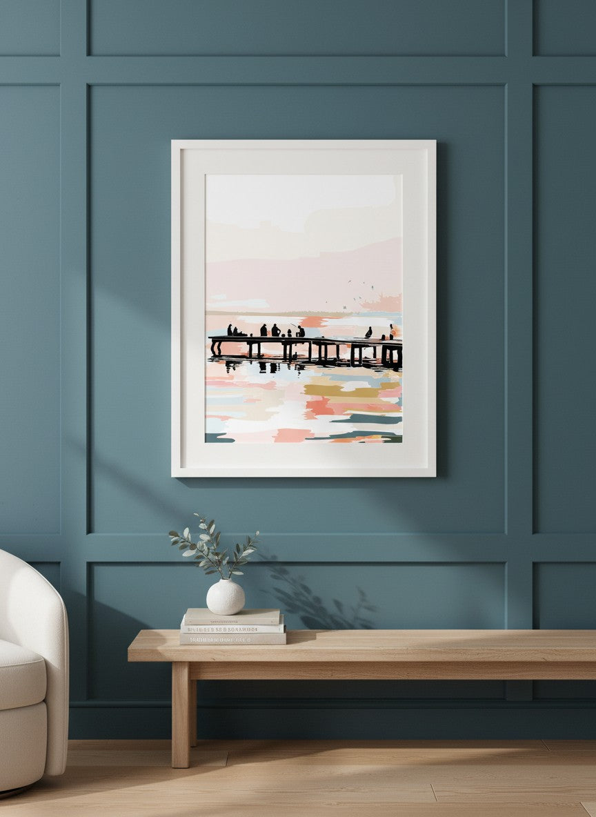 Fishing Pier Sunset Silhouette Art art print shown in a deep teal modern setting
