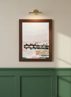 Fishing Pier Sunset Silhouette Art art print shown in a forest green walnut setting