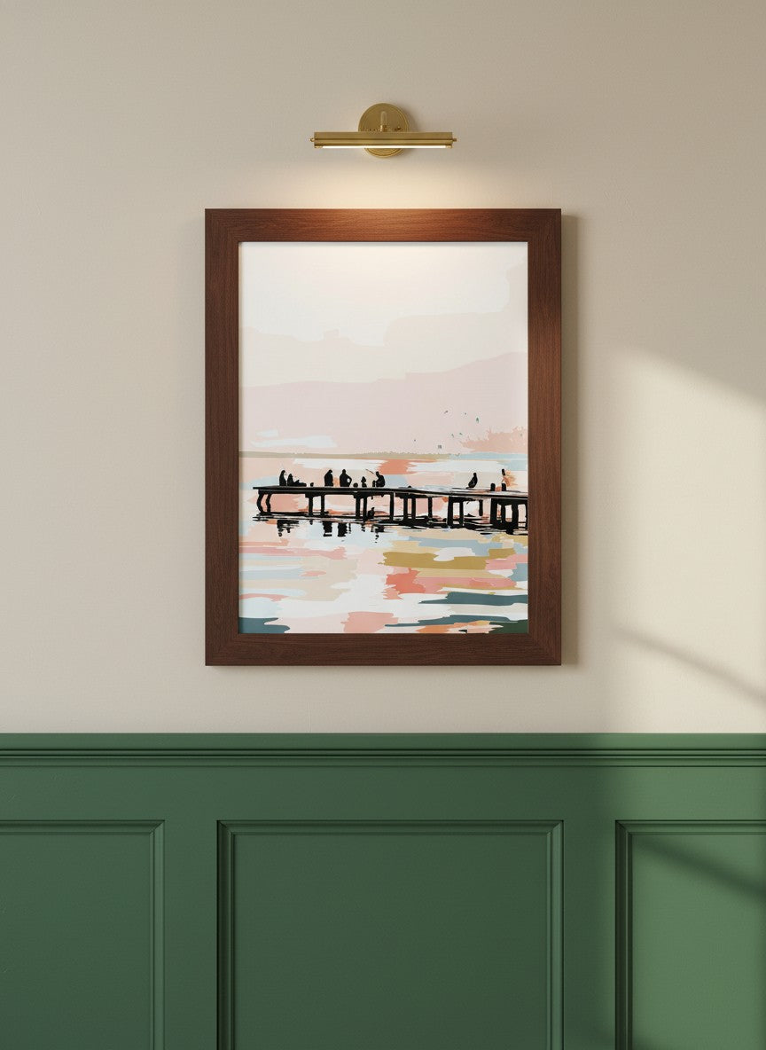 Fishing Pier Sunset Silhouette Art art print shown in a forest green walnut setting