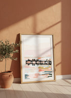 Fishing Pier Sunset Silhouette Art art print shown in a terracotta rustic setting