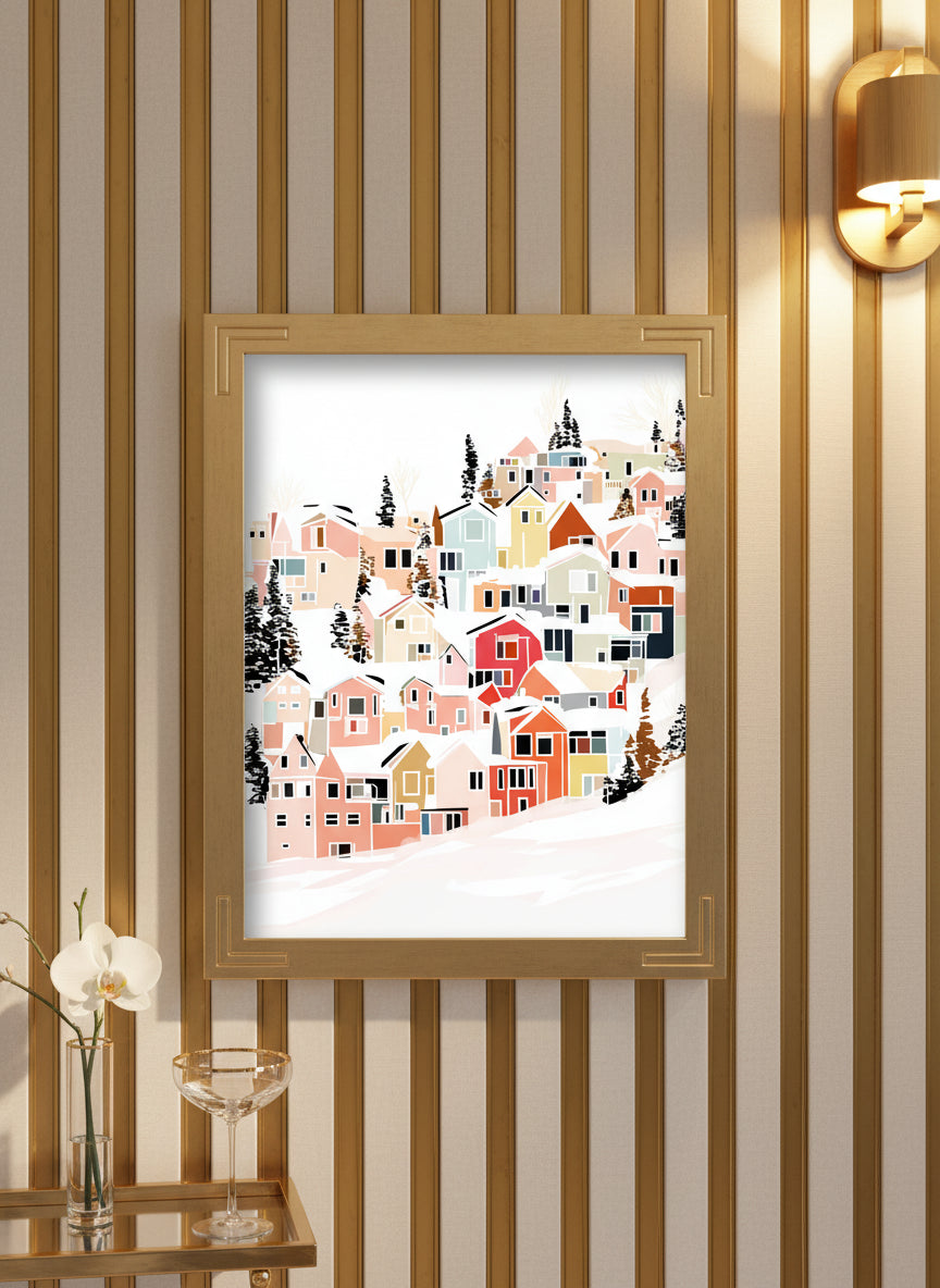 Winter Village Hillside Art art print shown in a art deco geometric setting