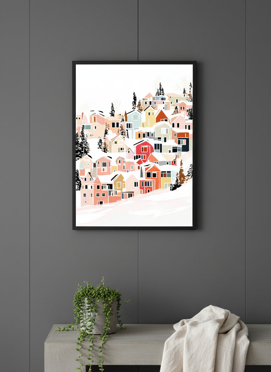 Winter Village Hillside Art art print shown in a charcoal minimal black setting