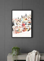Winter Village Hillside Art art print shown in a charcoal minimal black setting