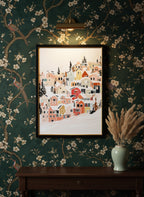 Winter Village Hillside Art art print shown in a chinoiserie moody setting