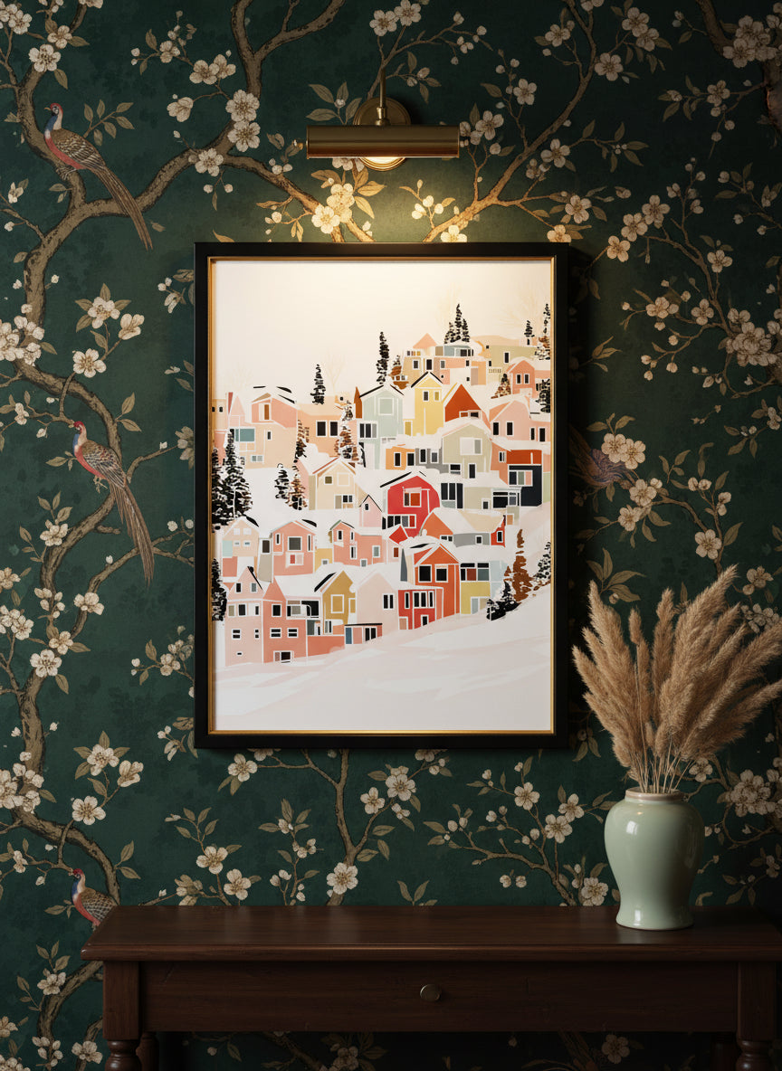 Winter Village Hillside Art art print shown in a chinoiserie moody setting