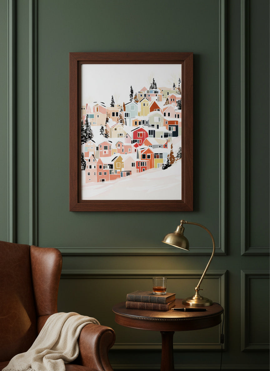 Winter Village Hillside Art art print shown in a dark olive study setting