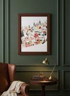 Winter Village Hillside Art art print shown in a dark olive study setting