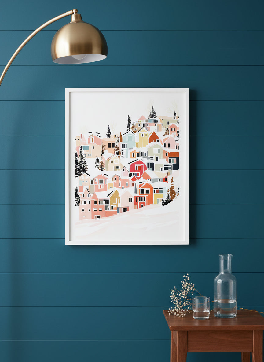 Winter Village Hillside Art art print shown in a deep teal modern setting