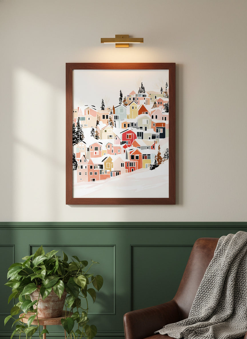 Winter Village Hillside Art art print shown in a forest green walnut setting