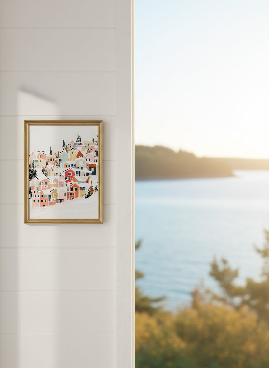 Winter Village Hillside Art art print shown in a shiplap blurred view setting