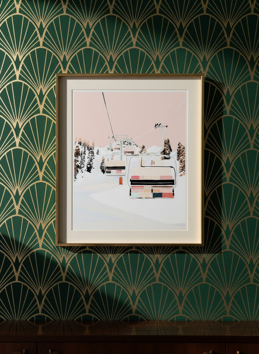 Ski Lift Winter Mountain Art art print shown in a art deco geometric setting