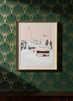 Ski Lift Winter Mountain Art art print shown in a art deco geometric setting