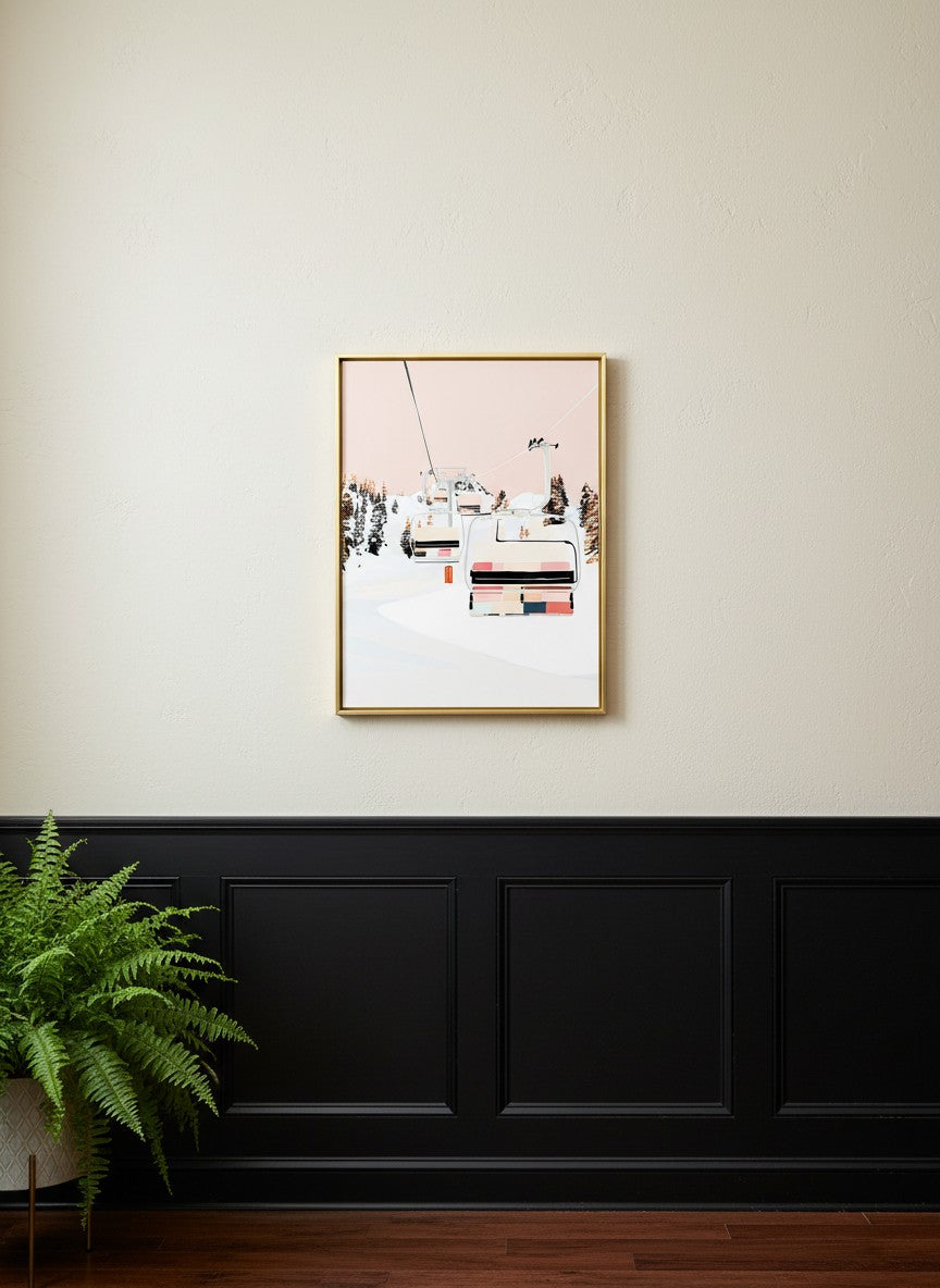 Ski Lift Winter Mountain Art art print shown in a black wainscoting gold setting