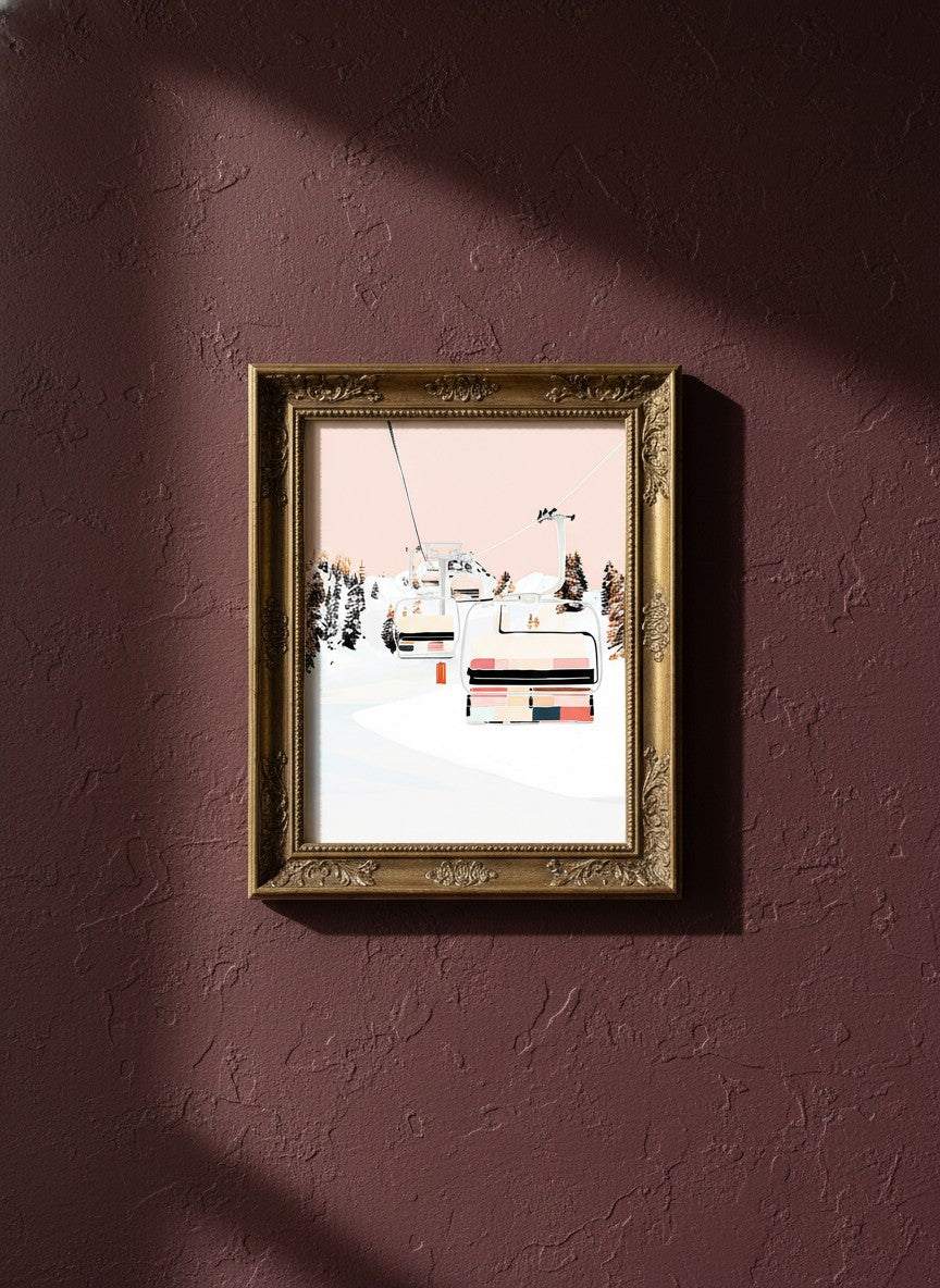 Ski Lift Winter Mountain Art art print shown in a burgundy brass setting