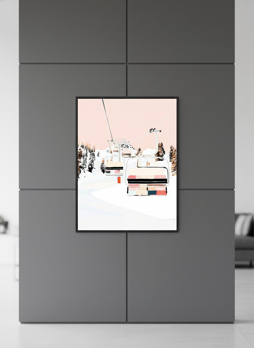 Ski Lift Winter Mountain Art art print shown in a charcoal minimal black setting
