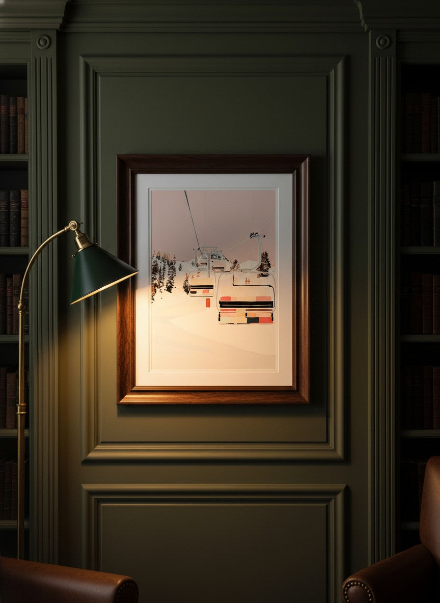 Ski Lift Winter Mountain Art art print shown in a dark olive study setting