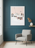 Ski Lift Winter Mountain Art art print shown in a deep teal modern setting