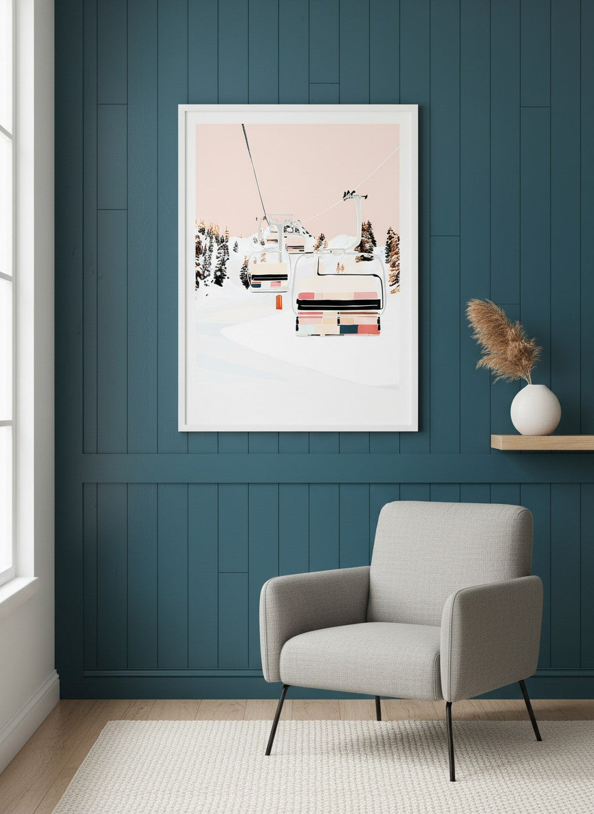 Ski Lift Winter Mountain Art art print shown in a deep teal modern setting