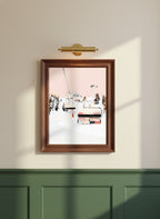 Ski Lift Winter Mountain Art art print shown in a forest green walnut setting