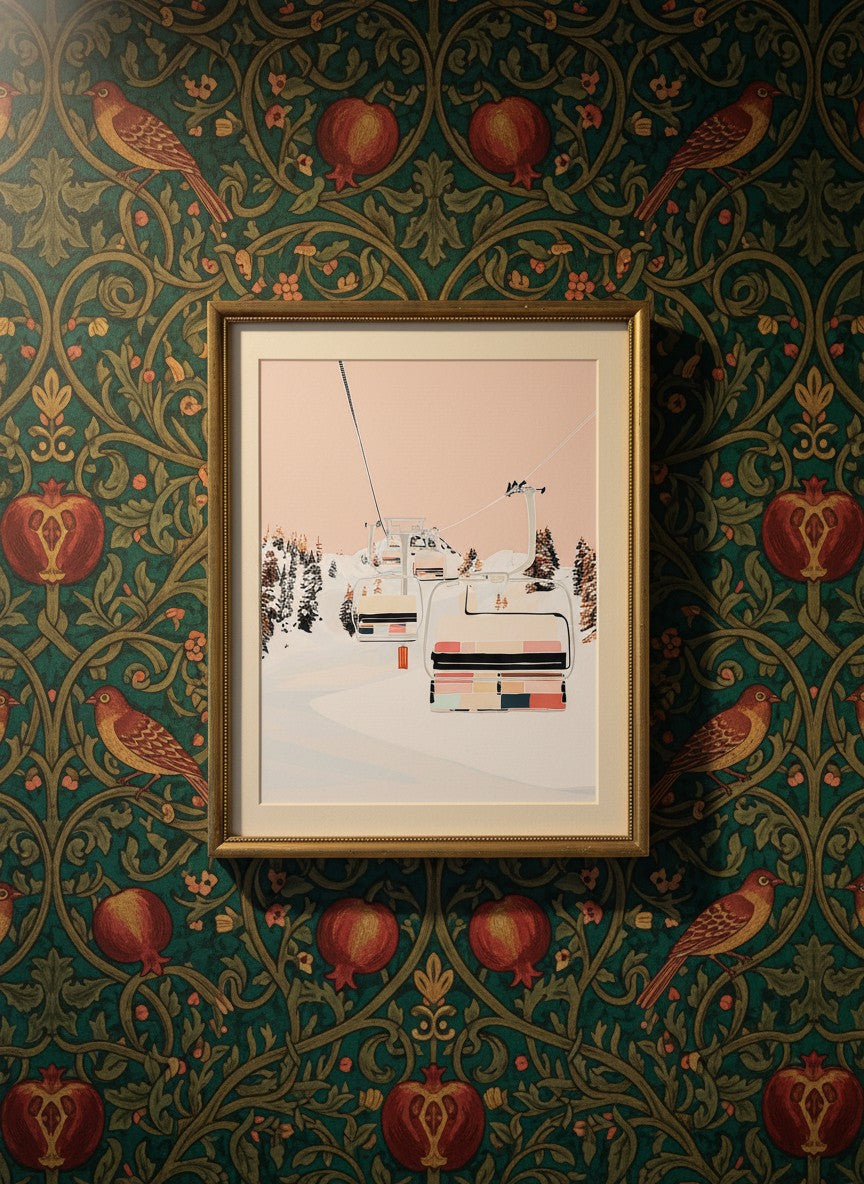 Ski Lift Winter Mountain Art art print shown in a maximalist floral brass setting