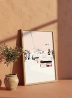 Ski Lift Winter Mountain Art art print shown in a terracotta rustic setting