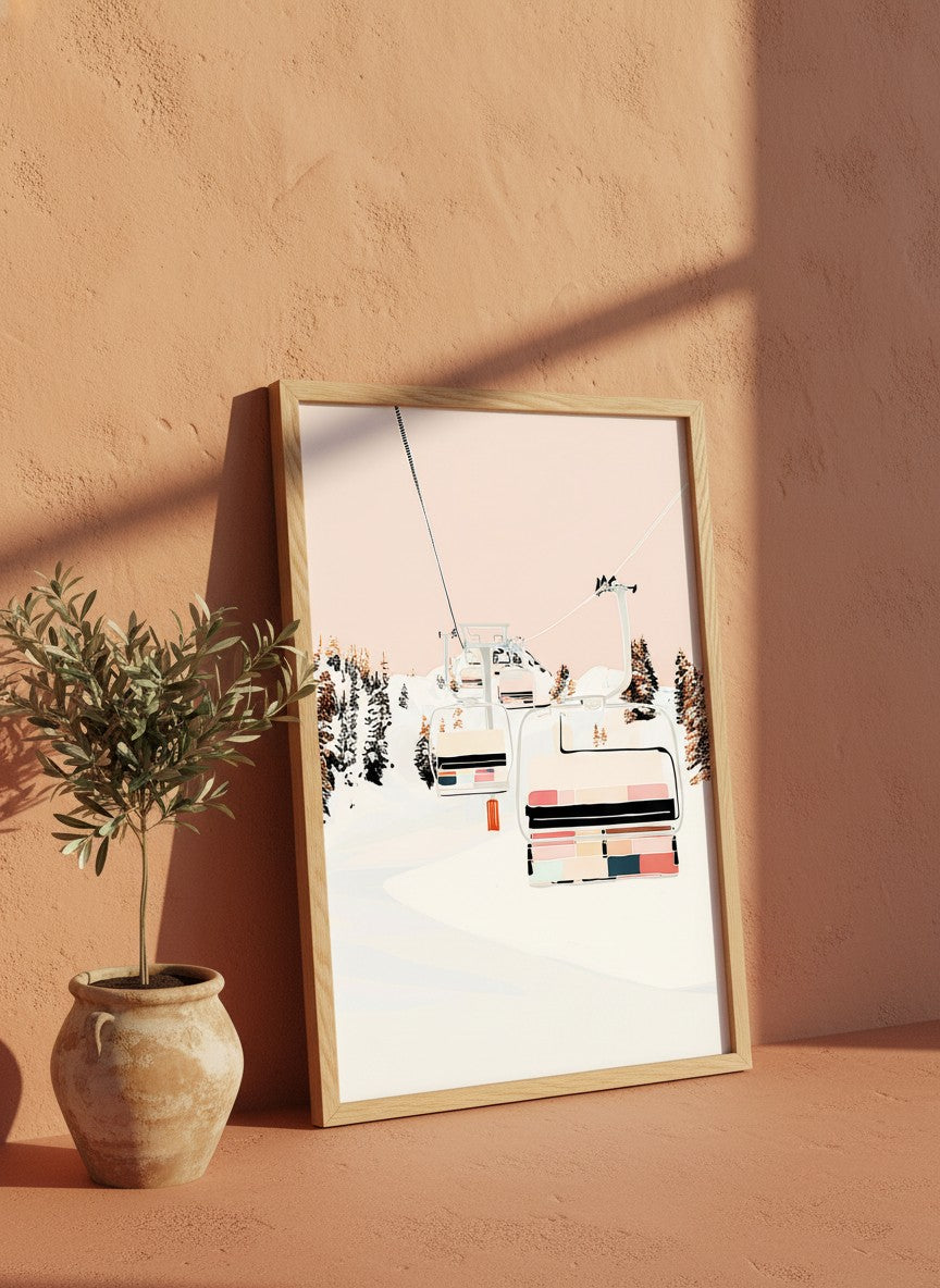 Ski Lift Winter Mountain Art art print shown in a terracotta rustic setting