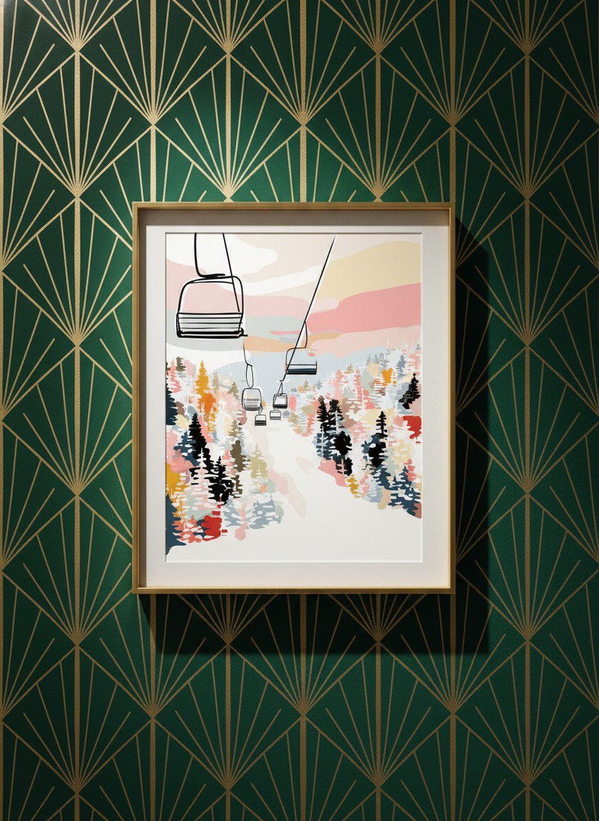 Ski Lift Mountain Art art print shown in a art deco geometric setting