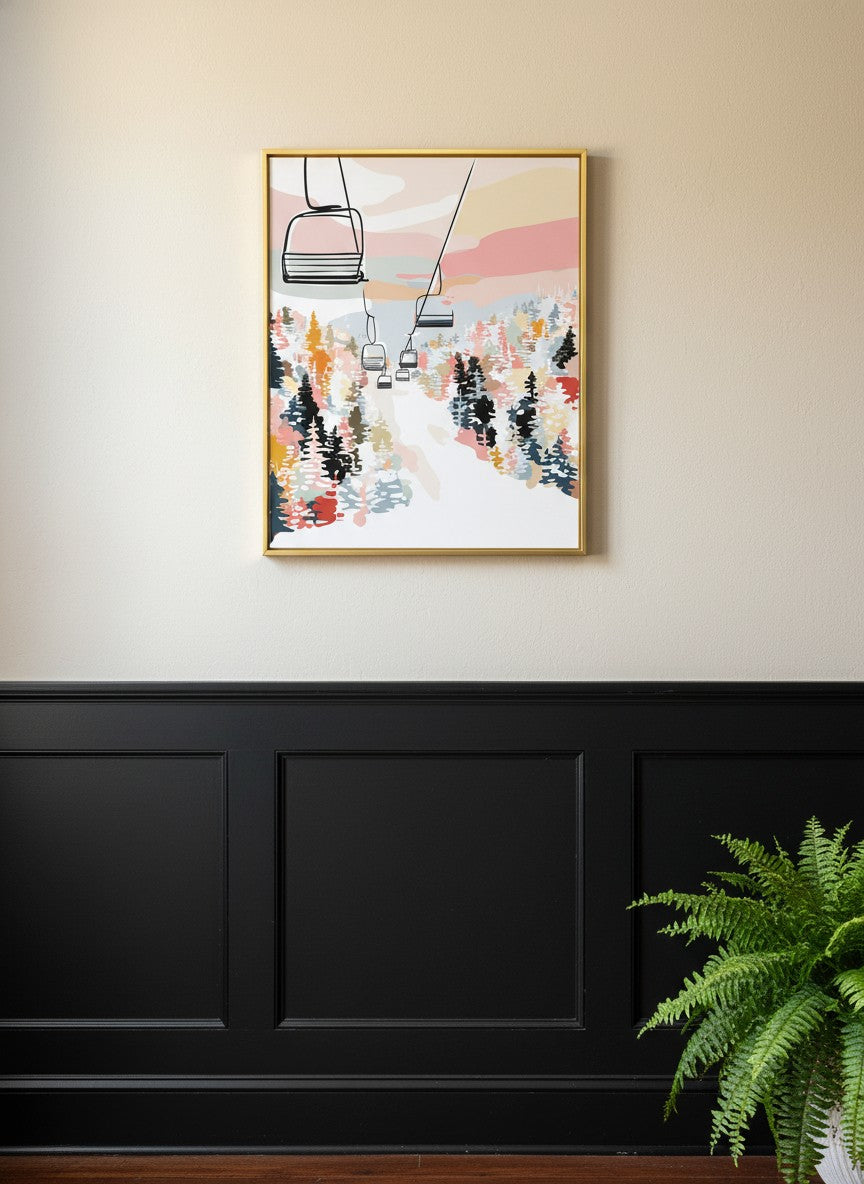 Ski Lift Mountain Art art print shown in a black wainscoting gold setting