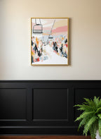 Ski Lift Mountain Art art print shown in a black wainscoting gold setting